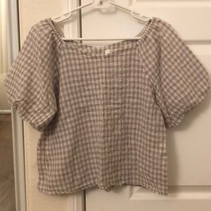 Womens beige gingham puff blouse v-neck